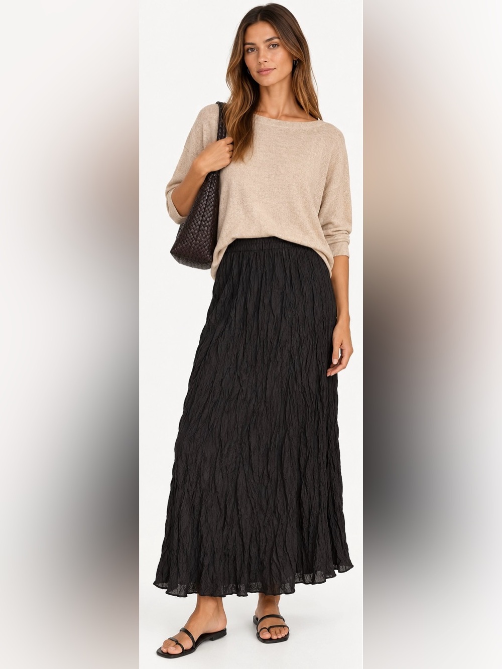 Christina Black Crinkled 100% Silk Maxi Skirt Size M Boho Minimalist
